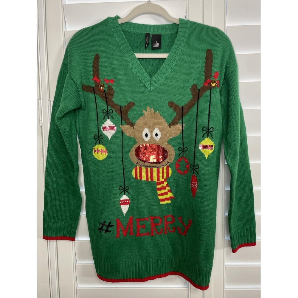new directions UGLY CHRISTMAS DEER sweater‎ Holiday Party #MERRY Size S V NECK